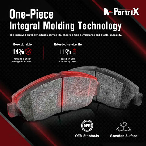 A-PartiX one-piece brake pads featuring integral molding technology for durability and high performance.