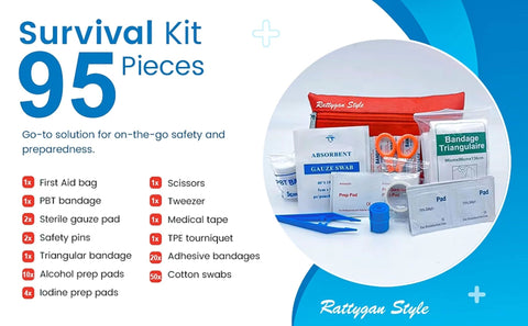 Front view of Rattygan Style Travel First Aid Kit in red zip case, 95-piece set with bandages, gauze, scissors, tweezers.