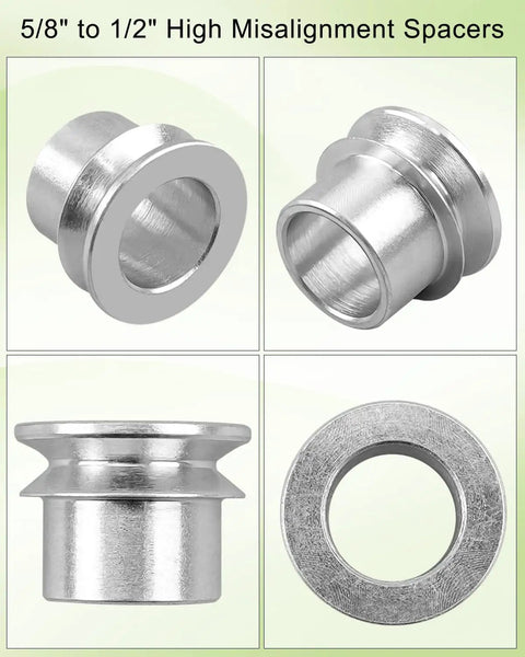 Eight Pack High Misalignment Spacers For Heim Joint Rod Ends Five Eighths To One Half Inch silver steel spacers shown front and side views