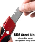 Auto Retracting Utility Knife With Dual Safety System For Fast Box Cutting Blade Auto Retracts When Off The Cutting Surface No Brainer Safety Push Button Release Easy Grip Handle Ideal For DIY Packing And Heavy Duty Work. red metal utility knife with SK5 steel blade and push button safety