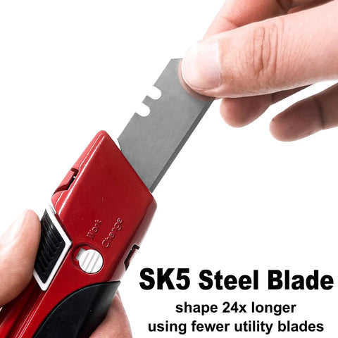 Auto Retracting Utility Knife With Dual Safety System For Fast Box Cutting Blade Auto Retracts When Off The Cutting Surface No Brainer Safety Push Button Release Easy Grip Handle Ideal For DIY Packing And Heavy Duty Work. red metal utility knife with SK5 steel blade and push button safety