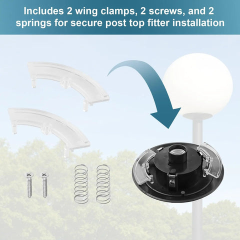 Upgrade Your Outdoor Lighting Game With This Durable Post Top Fitter Hardware Kit Featuring Secure Wing Clip Design For Easy Fixture Attachment And Replacement Springs Included. Clear wing clamp kit with 2 screws and 2 springs for outdoor post top light repair