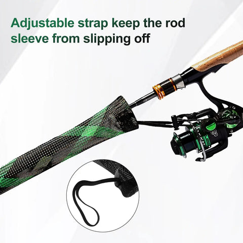 Fishing Rod Sleeve 4 Pack For Poles Rod Socks And Covers Durable Protector Sleeves To Shield Your Gear Fits Most Standard Sized Rods In Red Blue Black And Green Easy Slip On showing adjustable strap detail.