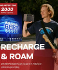 Person holding 10W Portable Guitar Amp With Rechargeable Battery, outdoor use, showing six-hour run time feature on amp display.