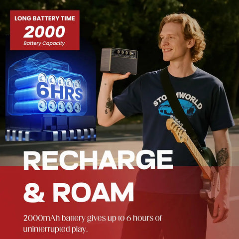 Person holding 10W Portable Guitar Amp With Rechargeable Battery, outdoor use, showing six-hour run time feature on amp display.