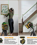 Laser Level With Tripod For Precise Tile Installation And Framing, Self Leveling 4x360 Green Beam, 4D Laser Level Kit With Dual 4000mAh Batteries, Great For Picture Hanging And Home Renovation DIY. Self-leveling laser on tripod for picture hanging and stair framing