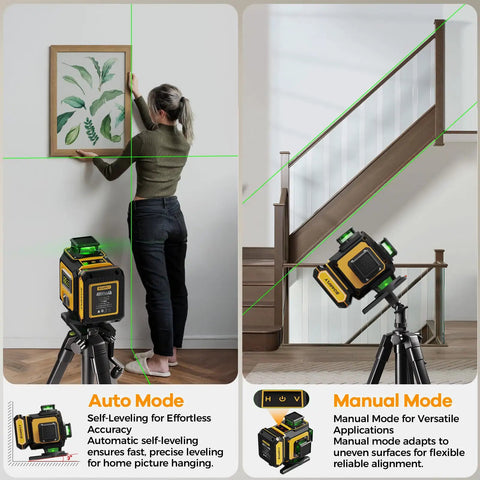 Laser Level With Tripod For Precise Tile Installation And Framing, Self Leveling 4x360 Green Beam, 4D Laser Level Kit With Dual 4000mAh Batteries, Great For Picture Hanging And Home Renovation DIY. Self-leveling laser on tripod for picture hanging and stair framing