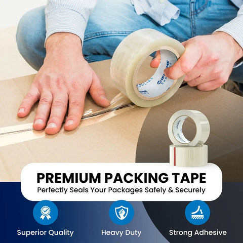 Person using Upgraded Clear Packing Tape With Extra Sticky 2.2 Mil Thick Adhesive, 65 Yards, Heavy Duty Packaging Tape on cardboard box