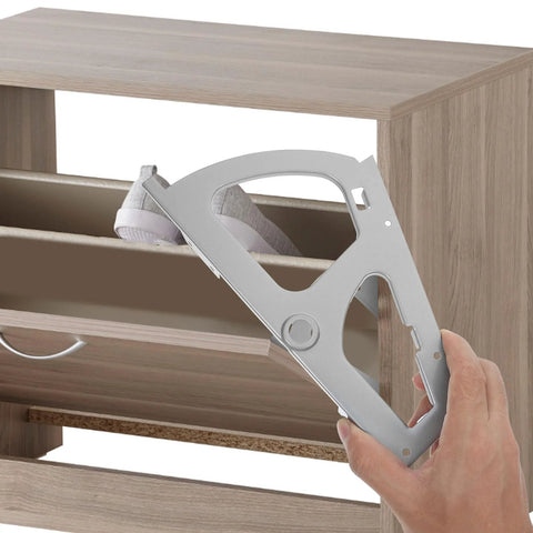 Stainless steel shoe cabinet hinge plate, silver, being installed inside a light wood cabinet.