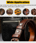 Kickass 155 Piece Black Chicago Screws And Leather Rivets Kit With Assorted M4 And M5 Sizes close-up on leather belt and bag