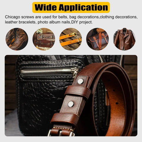 Kickass 155 Piece Black Chicago Screws And Leather Rivets Kit With Assorted M4 And M5 Sizes close-up on leather belt and bag