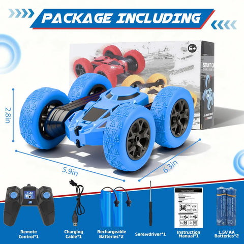 Product package includes 2.4GHz RC Car With 360 Degree Double Sided Flips 4WD Off Road Dope Stunt Truck Built For Kids Aged 6 To 12
