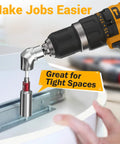 Socket Adapter Set For Impact Drills And Power Tools in use with drill, quick fit hex nut driver bit attached to cabinet hinge.