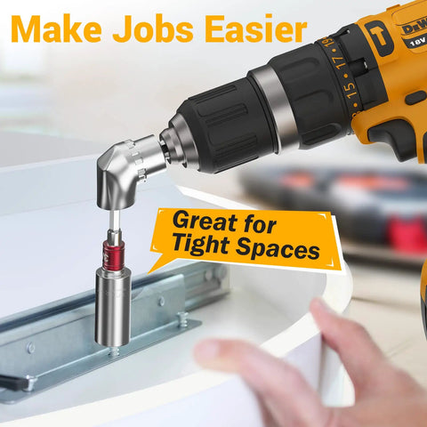 Socket Adapter Set For Impact Drills And Power Tools in use with drill, quick fit hex nut driver bit attached to cabinet hinge.
