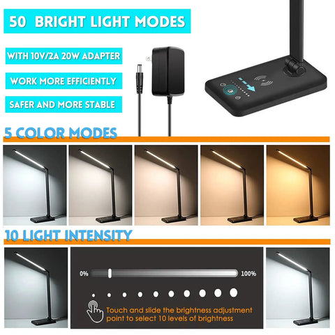 LED lamp with touch control, showing 5 color modes and 10 light levels for Boss Desk Lamp With Wireless Charging 10W And USB Port.