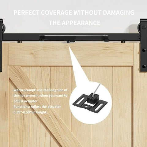 Hole Free Barn Door Soft Close Mechanism Upgraded Quiet Sliding Door Hardware Spring Damper One Way Invisible Stopper Adjustable Actuators With Spacers For Smooth Silent Door Action In Tight Spaces, mounted on wood barn door