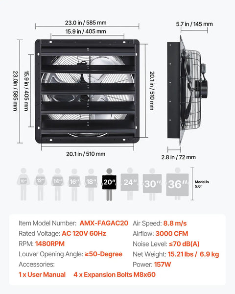 20 Inch Wall Mounted Attic Exhaust Fan With Variable Speed Controller, 3000 CFM, Automatic Shutter, Black dimensions chart