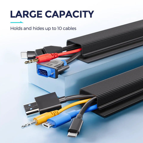 Black under desk cable management kit for home and office showing multiple cables organized neatly inside, highlighting large capacity.