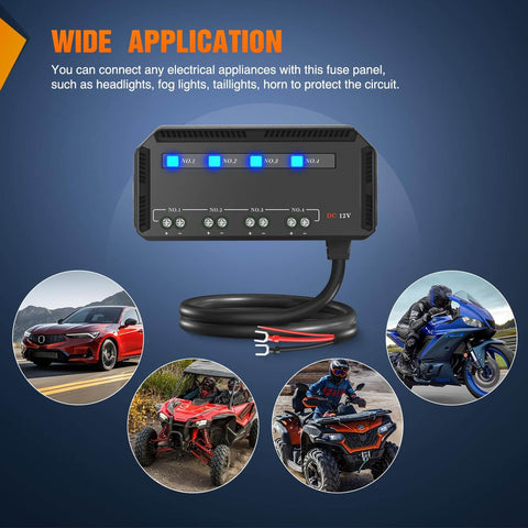 12V Motorcycle Fuse Box With 20A Low Profile Terminal Block And LED Indicator, shown with multiple vehicle applications