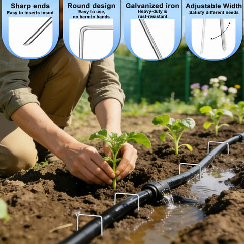 Heavy Duty 6 Inch U Shaped Galvanized Garden Stakes Pack Of 240 11 Gauge Landscape Staples securing landscape fabric in a garden