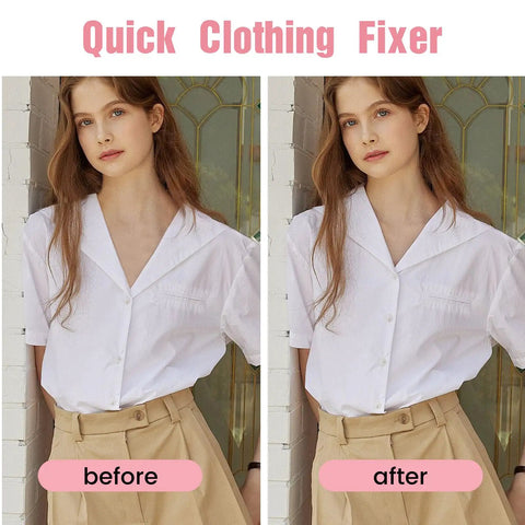 Before and after using Stitch Gun For Clothes Quick Fix Kit With Five Needles And 1000 Black And 1000 White Fasteners Pink And White