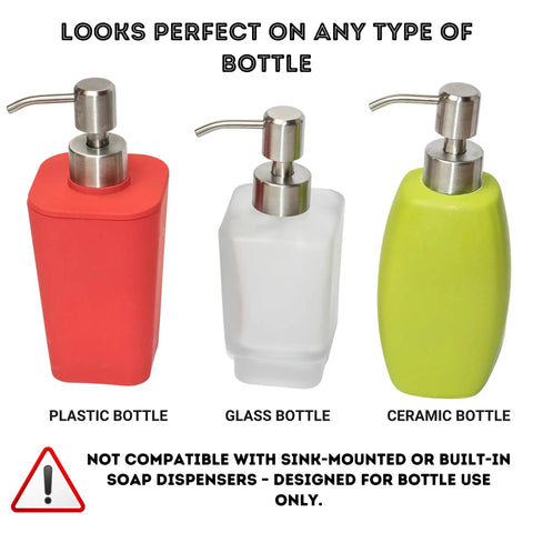 Soap Dispenser Pump Head Replacement For Standard 28 400 Neck Size 26 To 28 Mm Stainless Steel Brushed Finish shown on plastic, glass, and ceramic bottles