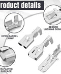 Product details showing 6.3mm male and female wire spade connectors with open-barrel crimp and secure locking design.