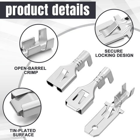 Product details showing 6.3mm male and female wire spade connectors with open-barrel crimp and secure locking design.