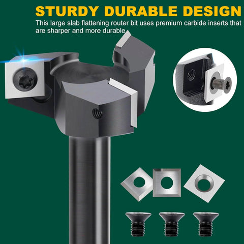 Close-up of Slab Flattening Router Bit With 1/2 Inch Shank, 2 Inch Cutting Diameter, Three Wings for spoilboard surfacing