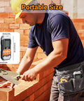 Construction worker using 2 In 1 Pin And Pinless Wood Moisture Meter Digital Humidity Sensor Detector near brick wall, tool in pocket