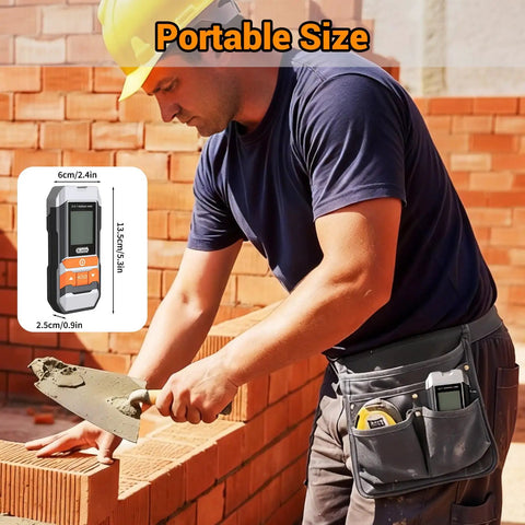 Construction worker using 2 In 1 Pin And Pinless Wood Moisture Meter Digital Humidity Sensor Detector near brick wall, tool in pocket