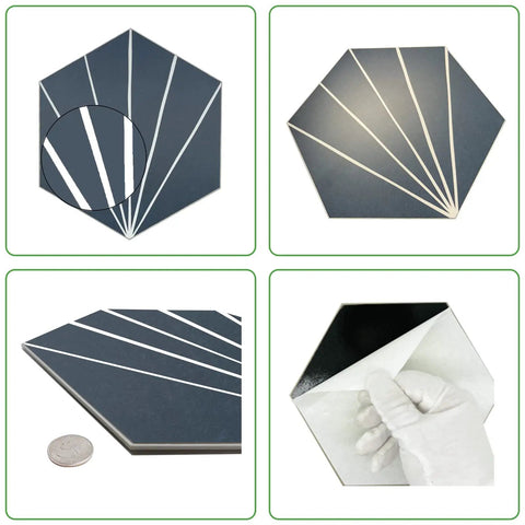 Blue Art Deco Hexagon Flower Peel And Stick Backsplash Tile Set For Kitchen And Bathroom showcasing angles and adhesive back
