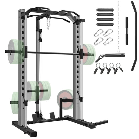 All In One Adjustable Smith Machine With Lat Pulldown System Multi Function Power Cage For Home Gym Cable Crossover Squat Rack Training Equipment With Attachments.