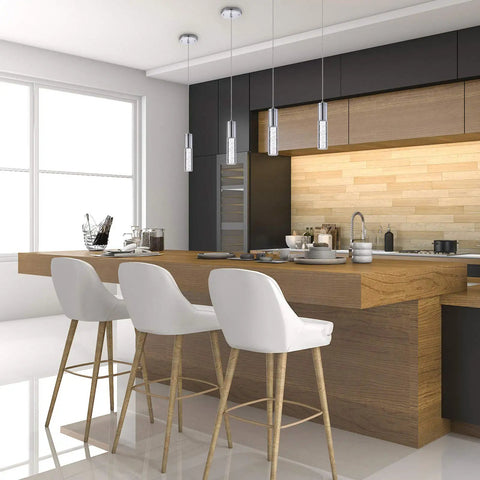 Modern kitchen with 2 Pack Integrated LED Pendant Lights With Bubble Glass And Chrome Finish, 3000K Warm Light, Dimmable