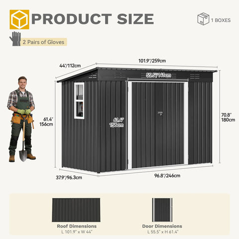 9x4 Outdoor Storage Shed With Windows And Lockable Double Doors Tough As Nails Steel Construction Sloped Roof Garden And Patio Organizer Large Backyard Tool Shed In Dark Gray with size dimensions shown