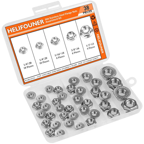 Top Drawer 304 Stainless Steel Flange Nuts Assortment Kit 38 Piece Set with serrated hex lock nuts in various sizes.