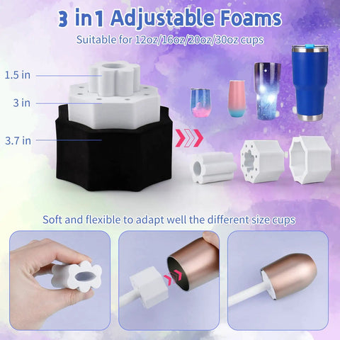 3-in-1 adjustable foams for Six Cup Tumbler Turner For Crafts Two Way Spinner Machine Kit with Pro Grade Independent Switches.