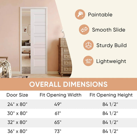 36 By 80 Inch Sliding Pocket Door Kit With Track Hardware And Frame installed in room, white paintable door slab, smooth operation.