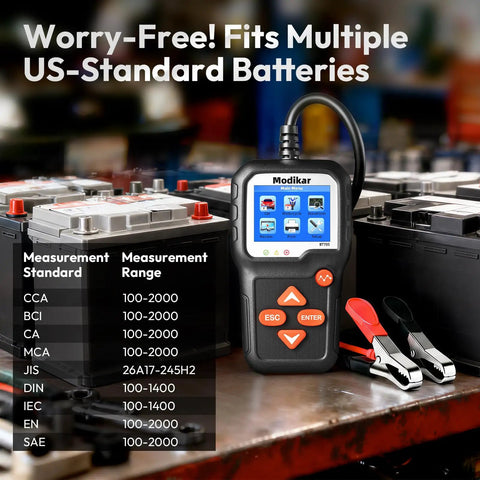 6V 12V Car Battery Tester BT705 With 100-2000 CCA Range And Alternator Tester, Quick Battery Health Check, Cranking And Charging System Diagnostics For Cars, Trucks, And SUVs, Pocket Sized Tool, with clips