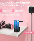 Pink 12V drill with battery charger and batteries on a table, part of the Pink 222 Piece Drill Driver And Home Tool Set For Women DIY Projects 12V Electric Drill Kit With 3 8 Inch Keyless Chuck 12 Inch Wide Mouth Open Tool Bag Includes Drill Bits Pliers Wrench And Extension Rod.