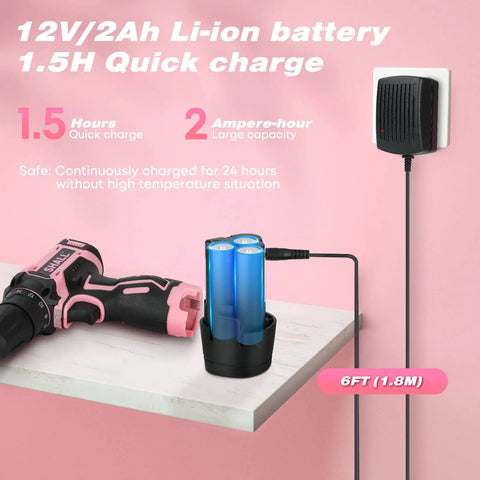 Pink 12V drill with battery charger and batteries on a table, part of the Pink 222 Piece Drill Driver And Home Tool Set For Women DIY Projects 12V Electric Drill Kit With 3 8 Inch Keyless Chuck 12 Inch Wide Mouth Open Tool Bag Includes Drill Bits Pliers Wrench And Extension Rod.