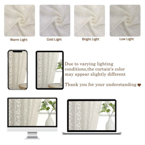 Ivory Sheer Curtains Two Panel Set For Bedroom Or Living Room, Light Filtering Soft Tufted Texture in Various Lighting Conditions