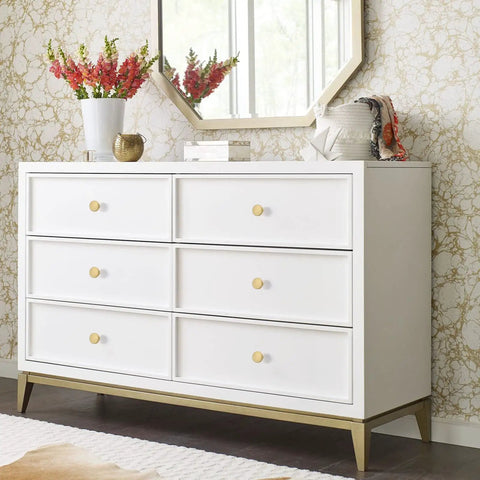 White dresser with Brushed Brass Round Gold Drawer Knobs 6 Pack For Cabinets And Dressers Hardware For Kitchen Cabinets And Furniture Zinc Construction Corrosion Resistant And Heavy Duty Gold Finish No Fuss Easy Install.