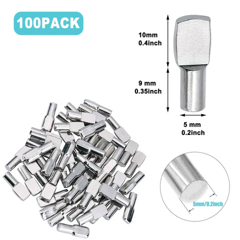 100 Pack Nickel Plated Shelf Pins, 5mm Spoon Shape Shelf Support Pegs, Durable Zinc Alloy Construction with size details