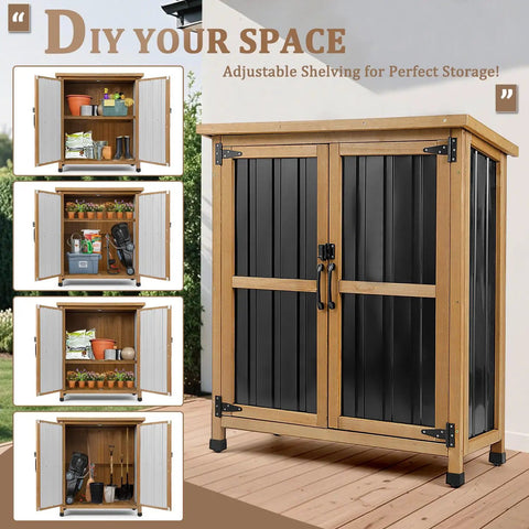 Weatherproof Outdoor Storage Cabinet With Lockable Doors For Tools, Garden Gear, Pool Accessories, And Lawn Equipment, Durable Wood And Metal Shed With Adjustable Shelves For Patio Storage Needs displayed on a patio with open and closed door views.