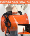 Person holding portable 12 inch axial exhaust fan with powerful 790W 7A motor and integrated lever switch