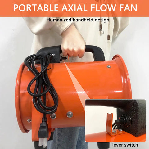 Person holding portable 12 inch axial exhaust fan with powerful 790W 7A motor and integrated lever switch