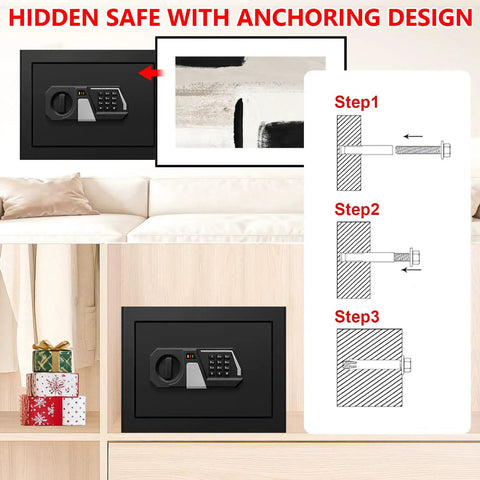 Go To Compact Fireproof And Water Resistant Home Safe With Digital Security, Combination Lock, Smart Alarm System, Mounted