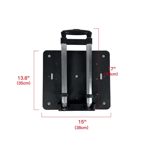 Spinner Wheelbase Luggage Cart For Bags And Pet Carriers, top view with dimensions and pull-up handle, lightweight 2.9 lb build.