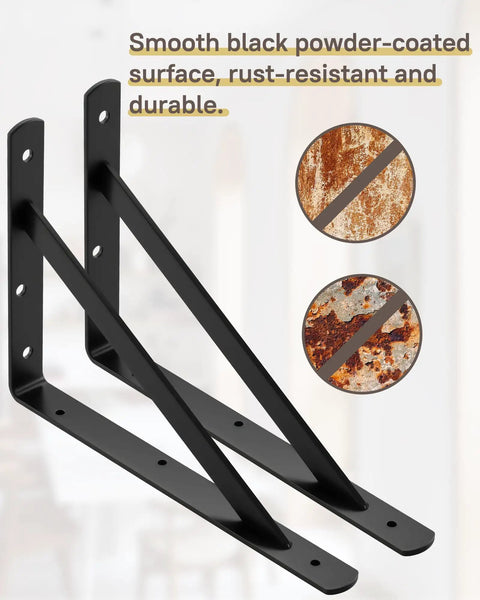 Beefy 12 Inch by 8 Inch Heavy Duty Shelf Brackets 600 Lb Per Pair Black Metal L Brackets for Wall Mounted Floating Shelves Set